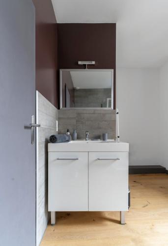 une salle de bain avec un lavabo blanc et un miroir dans l'établissement Le Gramont - Grand appartement design, 3 chambres, Centre Ville, à Vichy