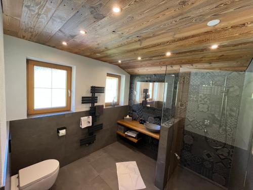 a bathroom with a shower and a toilet and a sink at Alpentime Apartments in Neustift im Stubaital