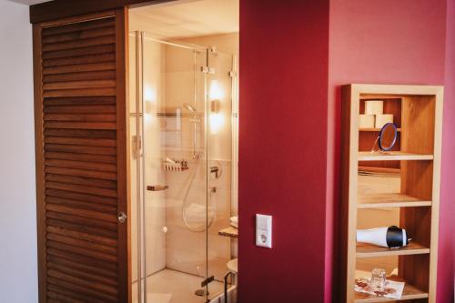 a bathroom with a shower with a glass door at Köhlers Krone in Ehingen