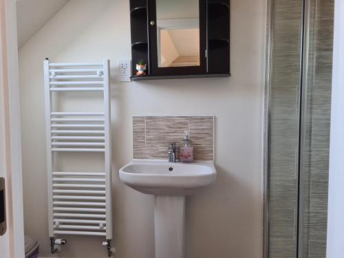 a bathroom with a white sink and a mirror at Sky's Haven in Sunningwell