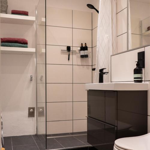 ein Bad mit einer Dusche und einem WC in der Unterkunft M Apartment Charme - gemütlich geräumig heimisch in Landau in der Pfalz