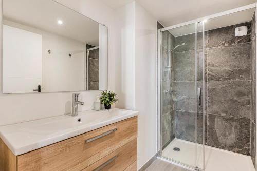 La salle de bains est pourvue d'un lavabo et d'une douche. dans l'établissement Charmant & spacieux appartement en cœur de ville, à Saint-Étienne