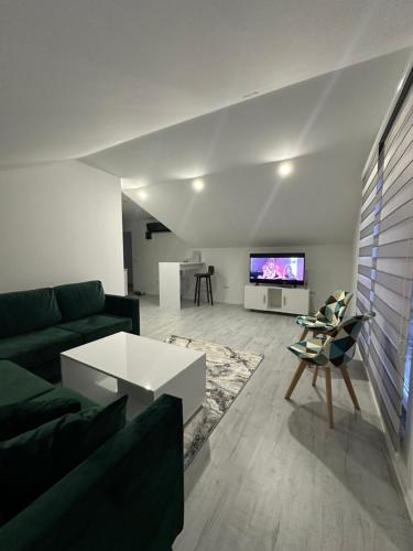 - un salon avec un canapé et une télévision dans l'établissement Apartmani Zeleni Vrtovi, à Visoko