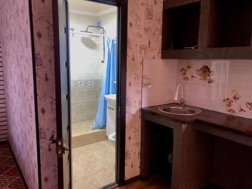 a bathroom with a sink and a toilet and a shower at Бархат in Cholpon-Ata
