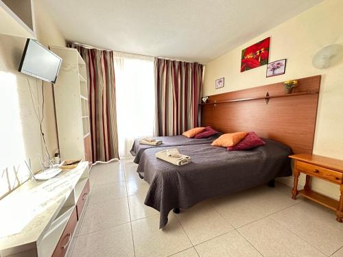 プラヤ・デ・ラス・アメリカスにあるApartments in Tenerifeのベッド2台とテレビが備わるホテルルームです。