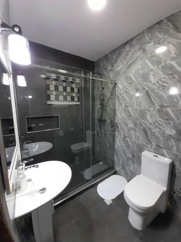 a bathroom with a toilet and a sink and a shower at Bee-City Homes in Abuja