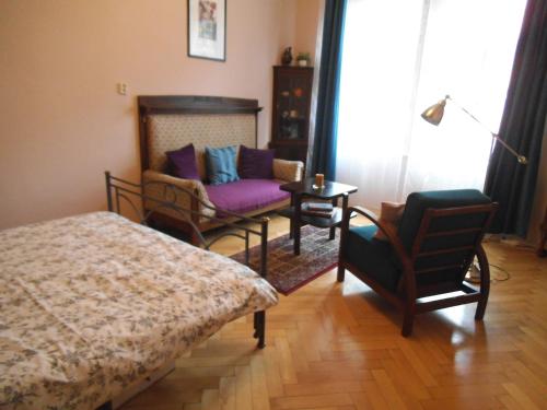 プラハにあるAppartment Nezamyslova IIのベッドルーム1室(ベッド1台、ソファ、椅子付)