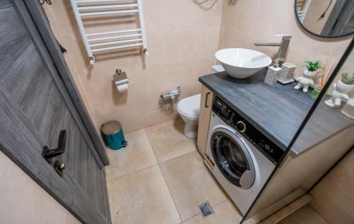 a bathroom with a washing machine and a sink at Roshka 2 BD Apart 501 in Gudauri