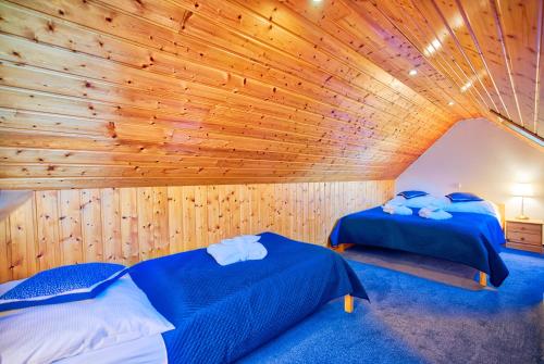 two beds in a room with a wooden ceiling at Apartmán-Hotel Jítravský Dvorec in Rynoltice