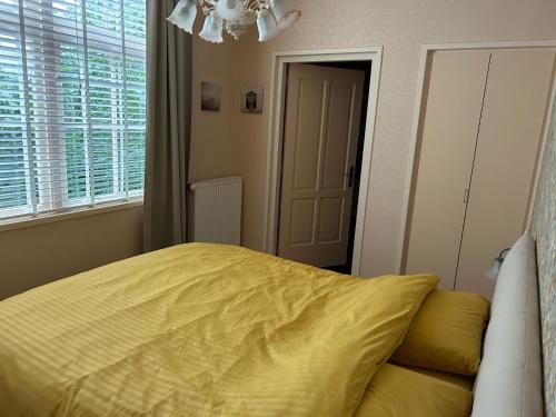 een slaapkamer met een geel bed en een raam bij Voorstraat 30 Appartement in Colijnsplaat