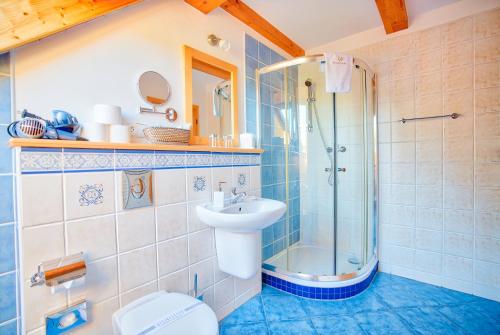 a bathroom with a sink and a shower and a toilet at Apartmán-Hotel Jítravský Dvorec in Rynoltice