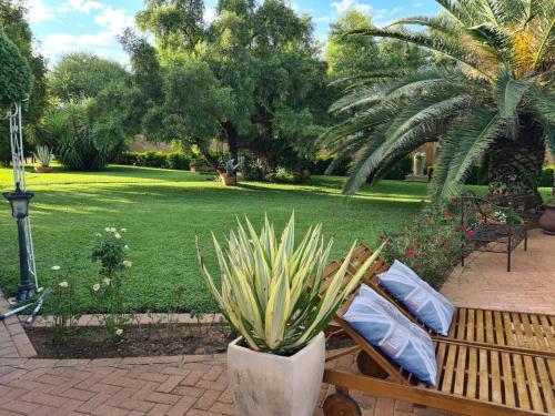 un banco del parque con una maceta. en Stone Town Guesthouse, en Gaborone