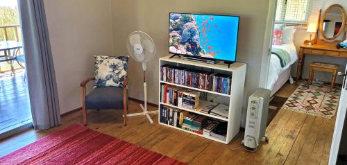 Habitación con TV y estante de libros con videojuego. en Copperleigh Trout Cottages, en Dargle