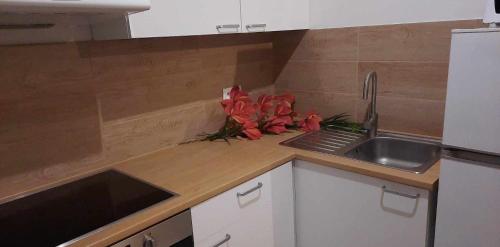 a kitchen counter with a sink and red flowers on it at Sleepy3city Apartments 10 Lutego 23 in Gdynia