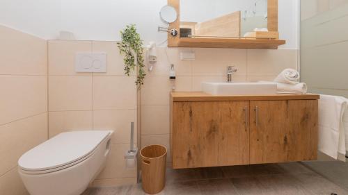 ein Bad mit einem WC und einem Waschbecken in der Unterkunft Schönfelderhof 