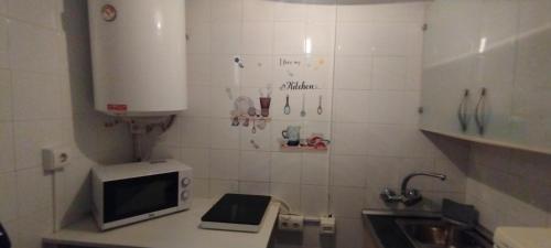 Una pequeña cocina con fregadero y microondas. en Mesones 31, en Granada