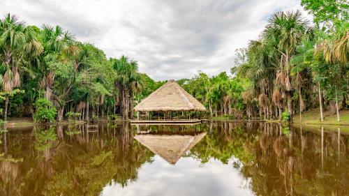 un reflejo de una cabaña en el agua con palmeras en AWAKEN Amazonian Healing Resort ALL INCLUSIVE, en Iquitos