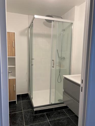een badkamer met een douche en een glazen douchecabine bij Studio Pantin - 10min Paris/20min Stade de France in Pantin