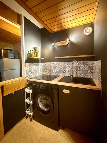 une cuisine avec une machine à laver et un évier dans l'établissement LE LAC BLEU - Duplex au pied des remontées mécaniques, à Cauterets