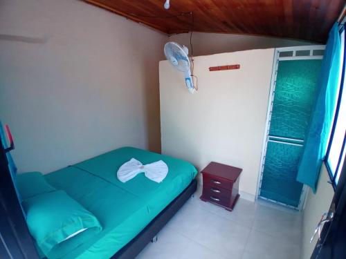 Un pequeño dormitorio con una cama verde y una ventana en Posada Turística Noches De Saturno, en Villavieja