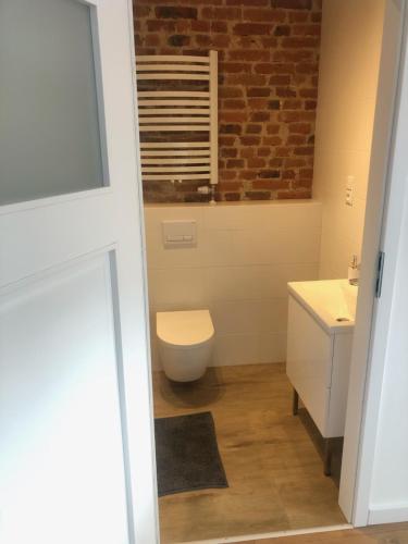 a bathroom with a toilet and a brick wall at Apartament BROWARNY II in Ostrów Wielkopolski