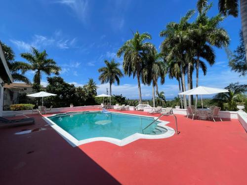 a swimming pool with a red floor and palm trees at The Lodge @ Peaceful Palms in Montego Bay