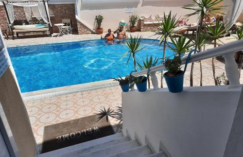 two people sitting in a swimming pool with plants at Hotel Zeus in Kamari