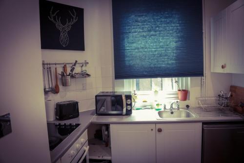 a kitchen with a sink and a microwave at Warren Apartment in London