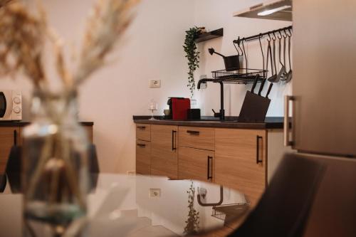 a kitchen with wooden cabinets and a counter top at Maison Cornalin by Hili in Aosta