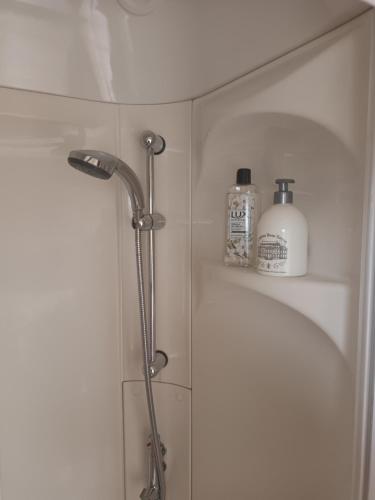 La salle de bains est pourvue d'une douche et de 2 bouteilles de savon. dans l'établissement Holiday Cottage Seaside, à Knokke-Heist