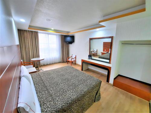 ein Hotelzimmer mit einem Bett und einem Spiegel in der Unterkunft Hotel Princesa in Mexiko-Stadt