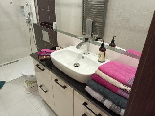 W łazience znajduje się umywalka i lustro. w obiekcie Apartamenty Centrum w Kędzierzynie-Koźlu