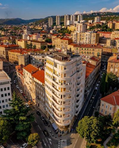 an aerial view of a city with buildings at 105m2 Penthouse Sea View Rijeka, free garage parking in Rijeka