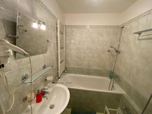 a bathroom with a sink and a shower and a tub at Cosy central apartment in Žižkov in Prague