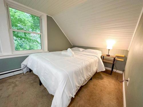 a bedroom with a white bed and a window at GREAT VALUE! 7 Beds, W/D, & Parking! in Albany