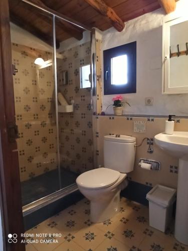 uma casa de banho com um WC, um chuveiro e um lavatório. em El Lucero em Alájar