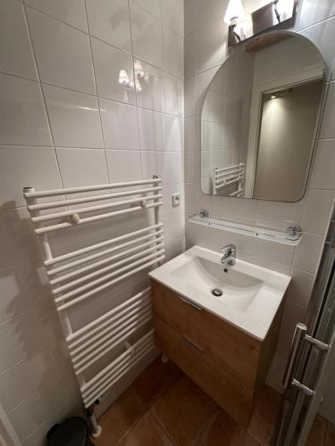 Baño blanco con lavabo y espejo en Vakantiewoning Waag, en Rekem