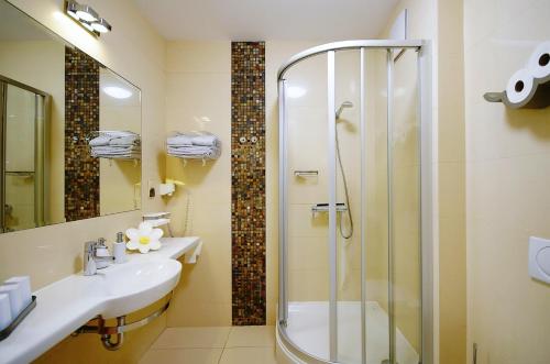コウォブジェクにあるApartment prywatny 725 Diwa SPA w kompleksie hotelowym w Kolobrzegu ul Kosciuszki 16のバスルーム(シャワー、シンク付)