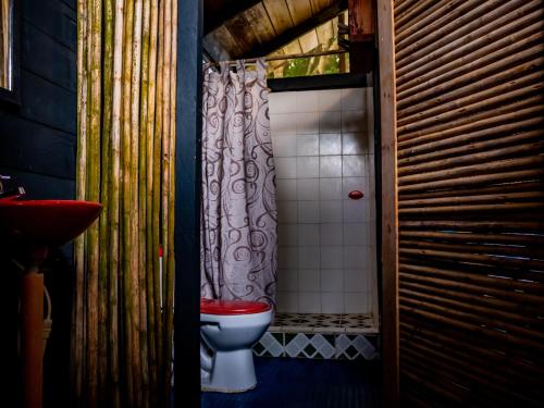 a bathroom with a toilet and a shower curtain at Ecohotel Riomar Mecana in Bahía Solano
