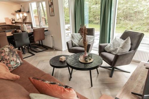 a living room with a couch and chairs and a table at Fenna's Holiday Home in Exloo
