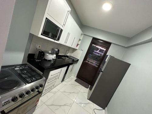 a small kitchen with a stove and a refrigerator at Cozy Apartment in Kololo in Kampala