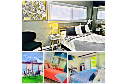 a collage of four pictures of a bedroom at Bonito descanso LAX 10 min SOFI 5 min in Hawthorne