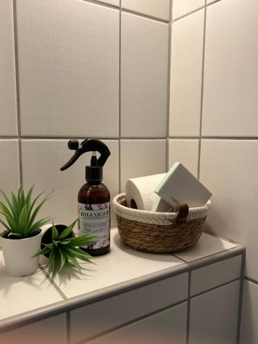 a bathroom shelf with a bottle of soap and a basket of toiletries at Holiday Homes 1 in Monzingen