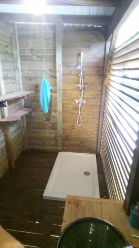 a bathroom with a shower in a wooden wall at marie galante in Deshaies
