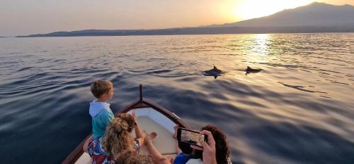 eine Gruppe von Menschen auf einem Boot mit Delfinen im Wasser in der Unterkunft Made in Sicily Santa Tecla in Acireale