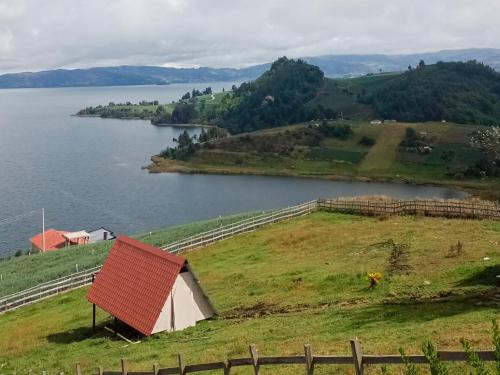 a small house on a field next to a body of water at Cabañas el Olimpo in Aquitania