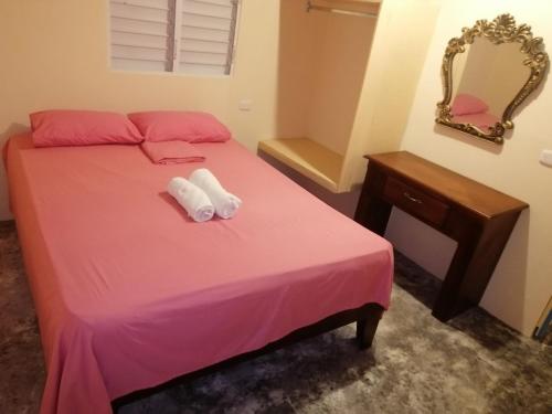 a bedroom with a pink bed with two towels on it at El Conde de Villa Rosa in Salado