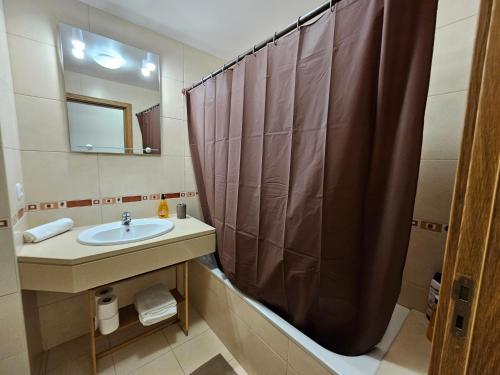 カニコにあるMilagrosa Apartmentの洗面台とシャワーカーテン付きのバスルーム