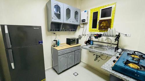 uma pequena cozinha com um frigorífico e um lavatório em Cozy apartment in down town no Cairo