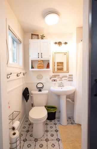 a bathroom with a toilet and a sink at Snoozy Snail Cottage in Nashville